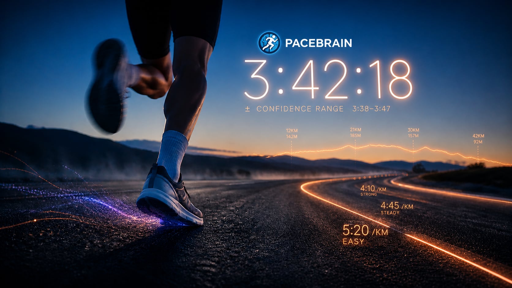 A runner at blue hour with a 3:42:18 marathon prediction overlaid on the road ahead